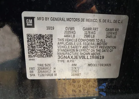 2020 Chevrolet Equinox Fwd 2Fl from USA, damaged, VIN 3GNAXJEV0LL198619